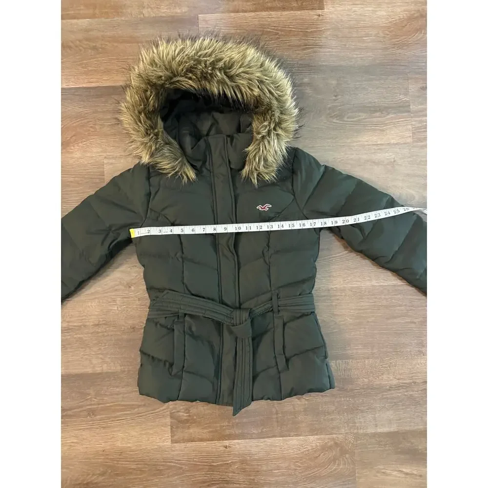 Hollister Women’s Down Puffer Jacket Small Green Faux Fur Hood Winter Coat - Picture 2 of 9
